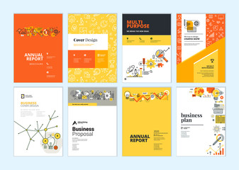 Set of brochure, annual report, business plan cover design templates. Vector illustrations for business presentation, business paper, corporate document, flyer and marketing material.
