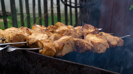 cooking pork skewers on the grill. meat with spices.