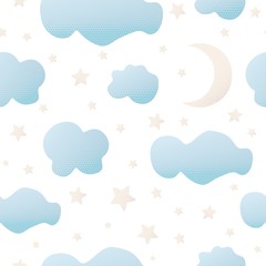 Cute seamless white pattern with cartoon clouds. Vector illustration