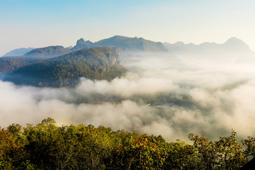 Obraz premium Beautiful clouds and fog coverage mountain valley in the morning colorful, Chiang Dao, Chiang Mai province, Thailand
