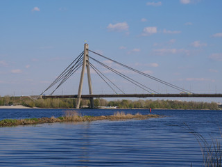 North Bridge Moscow Bridge across Dnieper River from Obolonskaya Embankment ,Kyiv Ukraine.