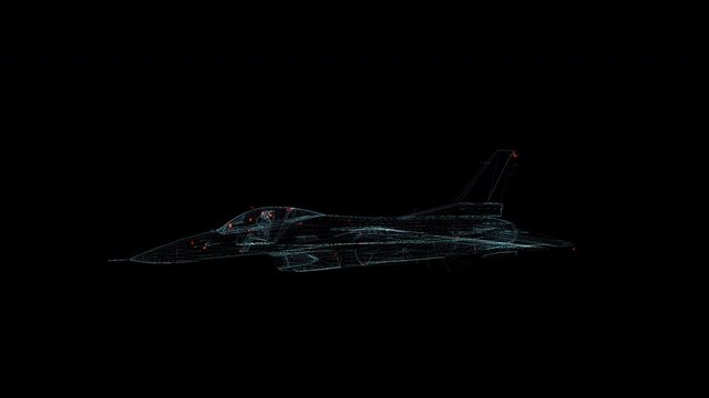 F-16 warplane Hologram Wireframe. Nice 3D Animation on a black background with a seamless loop for futuristics projects
