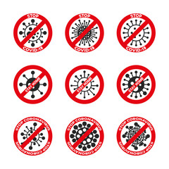 Set of coronavirus, ncov, covid - 19 logos. Warning signs. Virus cartoon icons with simple inscription and red stop symbols. Vector bacteria design