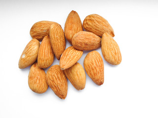 almonds on white background, top view