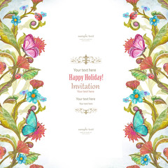 vintage romantic card with flowers, butterflies and ladybugs. vertical borders with twigs, curls and leaves. watercolor painting