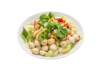 Meatball salad in white plate on white background. thai food.