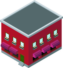 3d isometric red house with flowers and restaurant isolated over white background