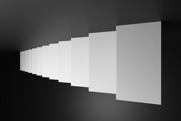 White ascending stairs in black room 3D abstract illustration.