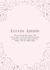 Kitchen dinnerware - vertical card with text and vector outline illustrations of knife, plate, spoon, fork, cup, kettle, saucepan, mug and ladle for graphic design