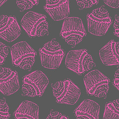 Pink cupcakes seamless pattern on a dark background drawn by hand