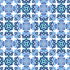 Azulejos ceramic tile design. Talavera tracery motif. Unique creative endless fill swatch. Portuguese, Spanish, Mexican, Brazilian folklore ornament. Ethnic style vector hand drawn seamless pattern.