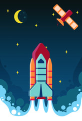 Flat rocket launch and smoke. Startup project vector illustration. Sky with clouds, planets, stars and satellites. Concept for web or business start up.