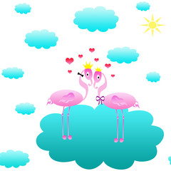 Flamingo pink on the lake, for children cartoon  seamless pattern, wallpaper,  white background