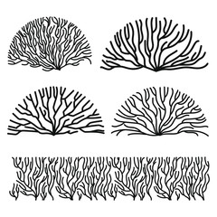 Set of simple coral reef elements isolated on white background. Black vector corals graphic collection.