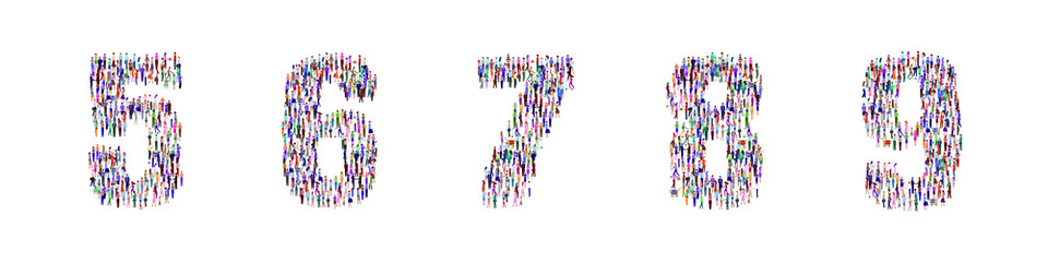 A group of people standing together in numbers 0-9. High angle view or top view image. Vector illustration. Isolated, white background.