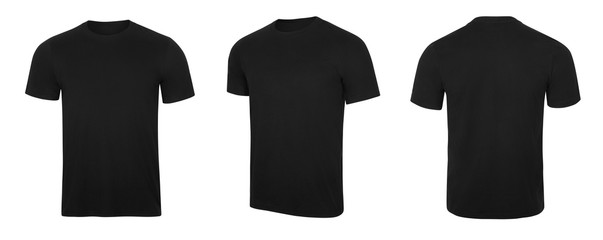 Black T-shirts front and back on white background.