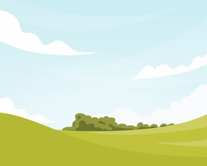 Naklejka premium Summer fields landscape with blue sky and clouds. Vector background in flat cartoon style.