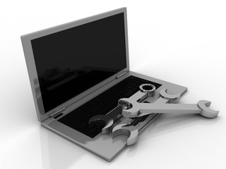 3d rendering Laptop with wrench and spanner