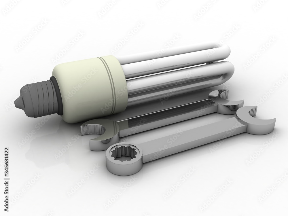 Poster 3d rendering led white lightbulb with wrench and spanner