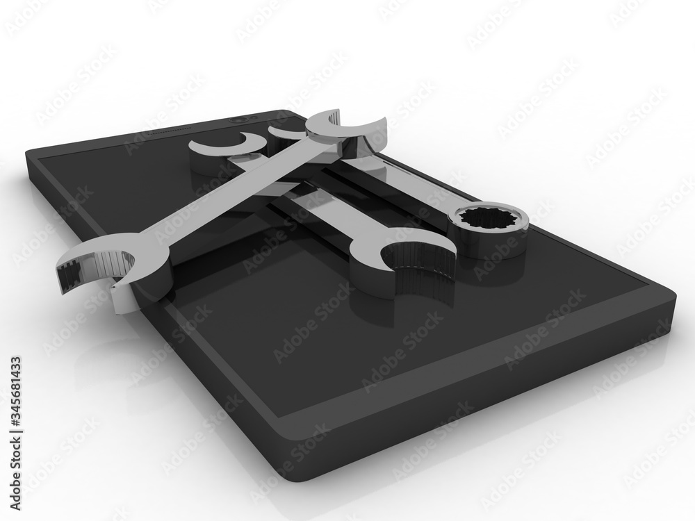 Poster 3d rendering mobile phone with wrench and spanner