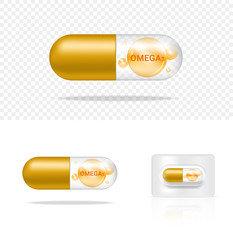 Mock up Realistic Transparent Pill Vitamin Omega3 Medicine Capsule Panel on White Background Vector Illustration. Tablets Medical and Healthcare Concept.