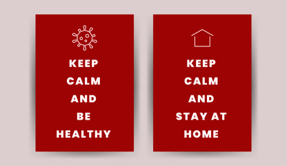 Stop Coronavirus posters. Keep calm sign stay home be healthy design templates. Quarantine banners, vector illustration