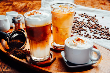 Coffee latte, cappuccino,black espresso and glass collection with coffee beans on wood table ,  The drink menu . cafe image