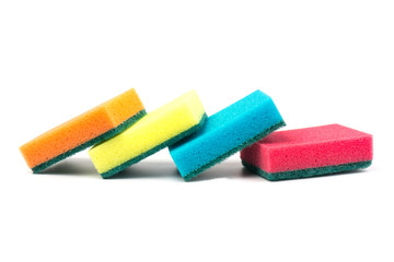 Colored sponges for washing dishes and other domestic needs, isoleted on white background