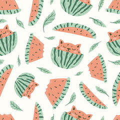 Watermelon fruit seamless pattern in hand-drawn style. Vector repeat background for colorful summer fabric.