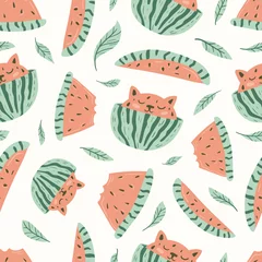 Behang Watermeloen Watermeloen fruit naadloos patroon in handgetekende stijl. Vector herhalen achtergrond voor kleurrijke zomer stof.