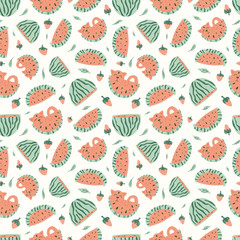 Watermelon fruit seamless pattern in hand-drawn style. Vector repeat background for colorful summer fabric.
