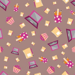 Vector cute cartoon laptop seamless pattern background. Pencils, cupcakes, notebooks on mauve backdrop. Hand drawn fun office equipment illustration. All over print for working from home concept.