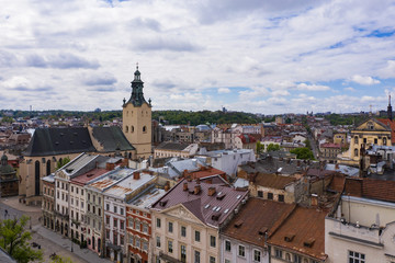 View on Latin Cathedral in Lviv, Ukraine  from drone