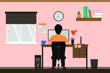 Working at home, concept illustration. Man freelancers working on laptops and computers at home. People at home in quarantine. Vector flat style illustration.