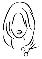 Silhouette of a cute lady. The girl shows a hairstyle on medium and long hair and scissors. Suitable for logo, hairdresser advertising. Vector illustration.