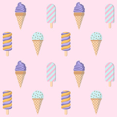 Ice cream vector seamless pattern on pink background. Trendy flat illustration for textile design, packaging and wrapping paper.