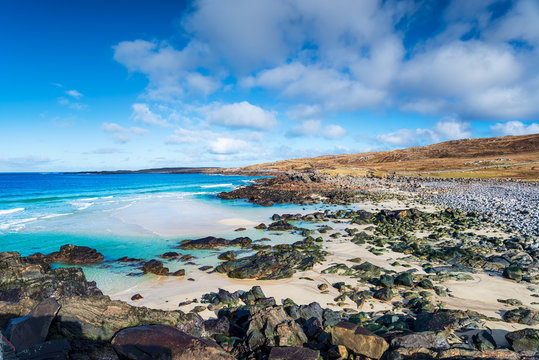 Blue skies over the beach at Mealista