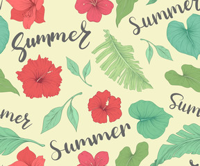 Seamless pattern with tropical flowers, palm leaves and lettering