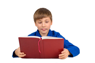 boy schoolboy in a blue t-shirt is preparing for school, reading something in a book