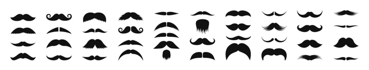 Set of mustaches. Black silhouettes mustache. Men's mustaches, hipster, gentleman, barbershop. Vector Illustration.