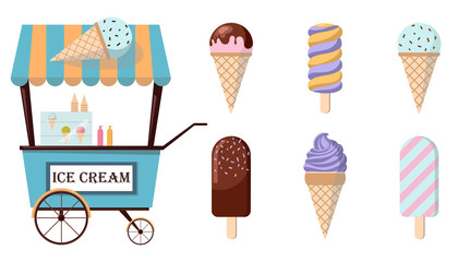 Set of ice-cream icons and ice-cream shopping cart. Collection of trendy flat illustrations. Amusement park concept.