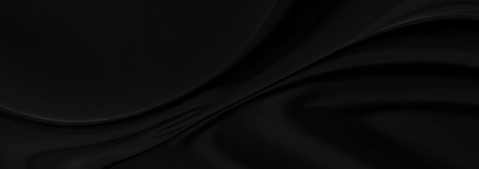 Black gray satin dark fabric texture luxurious shiny that is abstract silk cloth panorama background with patterns soft waves blur beautiful.