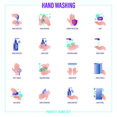 Washing hands gradient icons set: hand sanitizer, germs protection, liquid soap, dirty hands with microbs, hand dryer, paper towels, nail brush, antibacterial soap. Vector illustration.