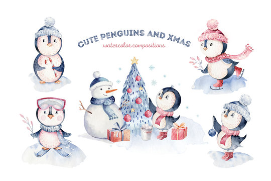 Watercolor merry christmas character penguin illustration. Winter cartoon isolated cute funny animal design card. Snow holiday season xmas penguins.