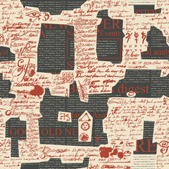 Vector seamless pattern, repeating background with red unreadable scribbles imitating handwritten text and abstract magazine clippings. Suitable for wallpaper, wrapping paper, fabric or textile