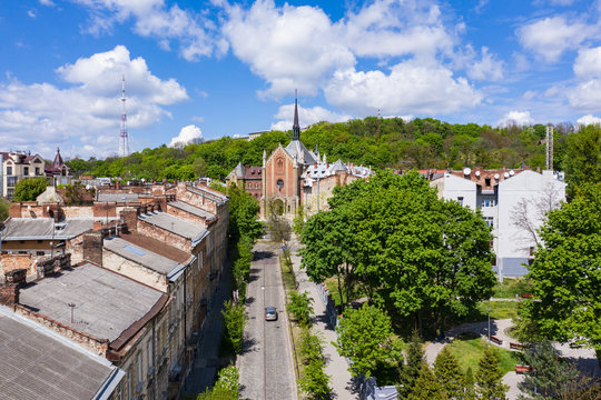 Aerial view on Church of John Chrysostom (former Church of the Sacred Heart of Jesus) in Lviv, Ukraine from drone