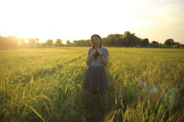 Naklejka na ściany i meble A woman standing in a rice field in Rayong, Thailand