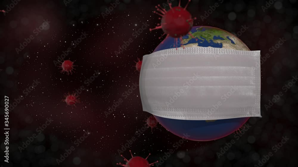 Poster earth on quarantine. 3d render of planet wearing medical mask rotating in infected space with red vi