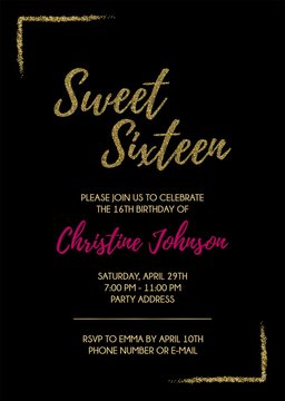 Sweet Sixteen party vector printable invitation card with golden glitter elements