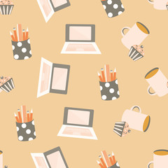 Vector cute cartoon laptop seamless pattern background. Pencils, cupcakes, coffee cup monochrome peach color backdrop. Fun office equipment illustration. All over print for working from home concept.